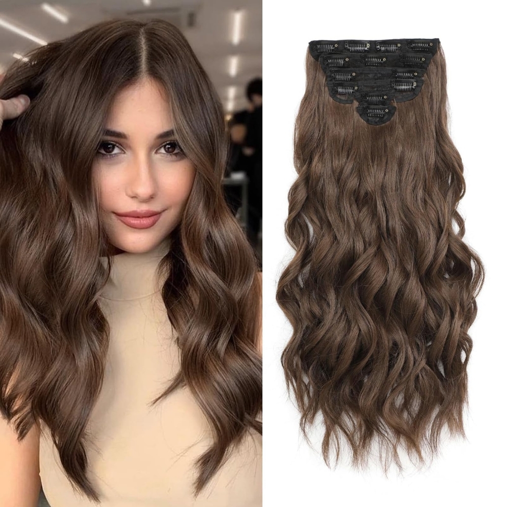 20” Chestnut Brown Clip-In Hair‎ Extensions • 6 PCS • Wavy Natural Look